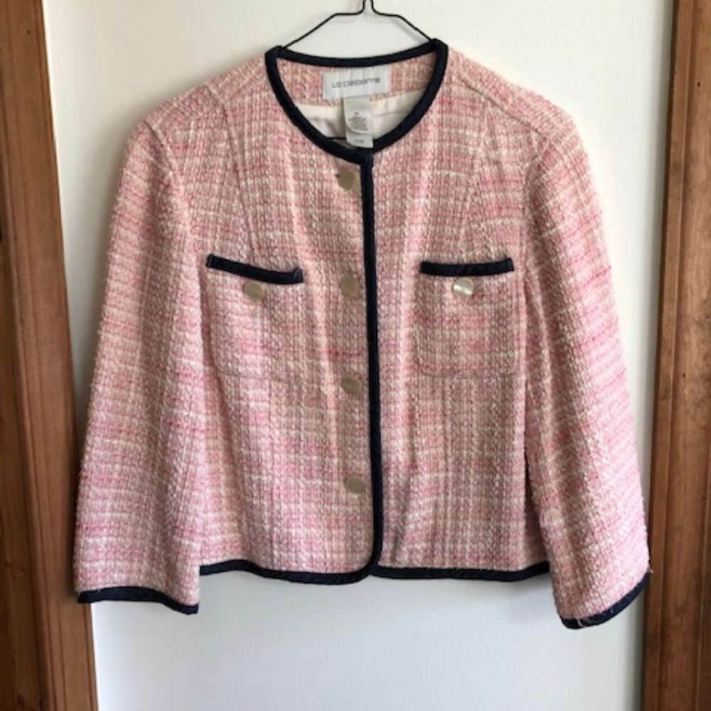 LIZ CLAIBORNE Vintage Nubby Tweed Denim Accent Trim 3/4 Sleeve Jacket …